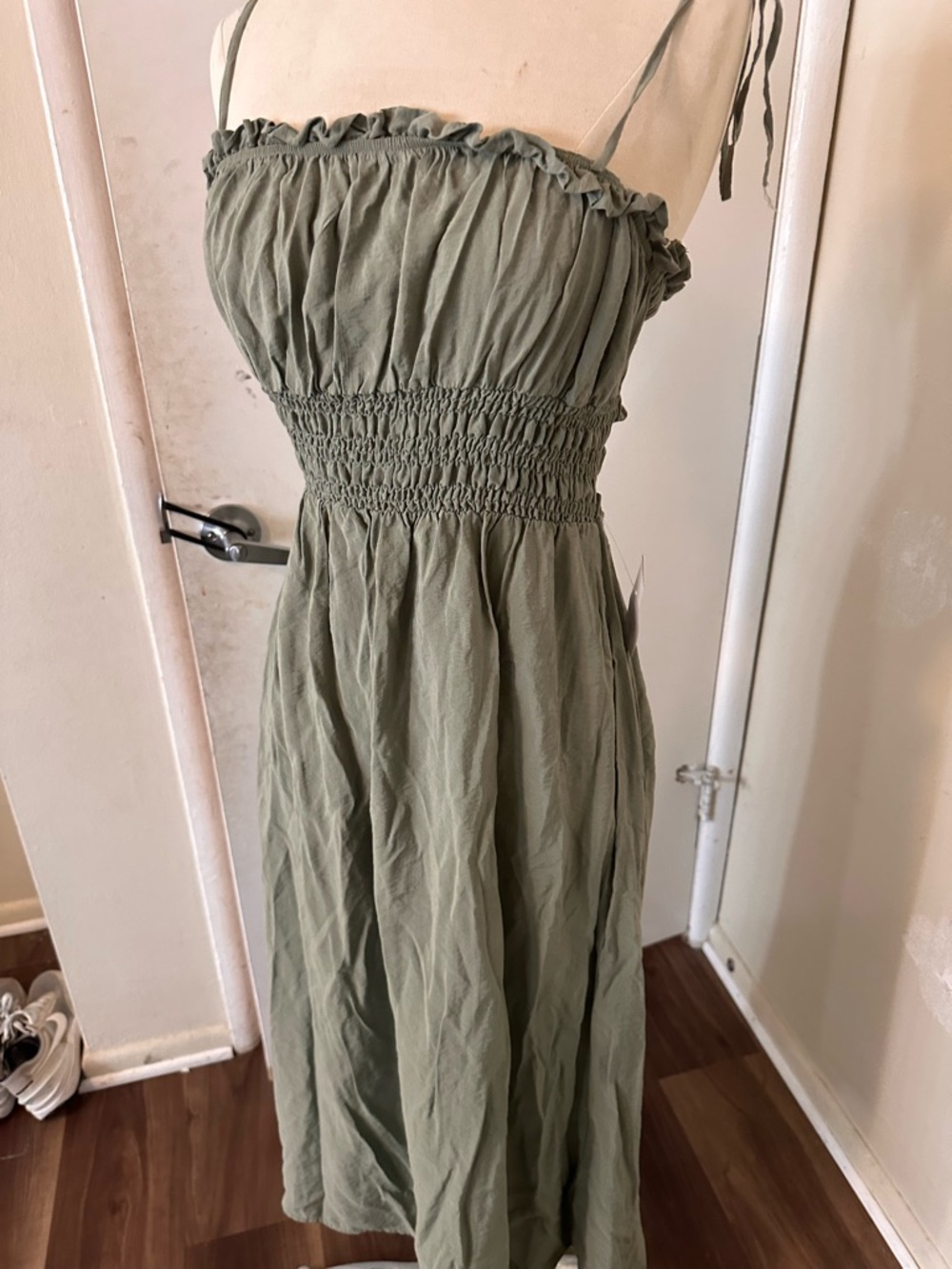 ZARA Olive Green Smocked Strapless Dress – Size S – Summer Boho